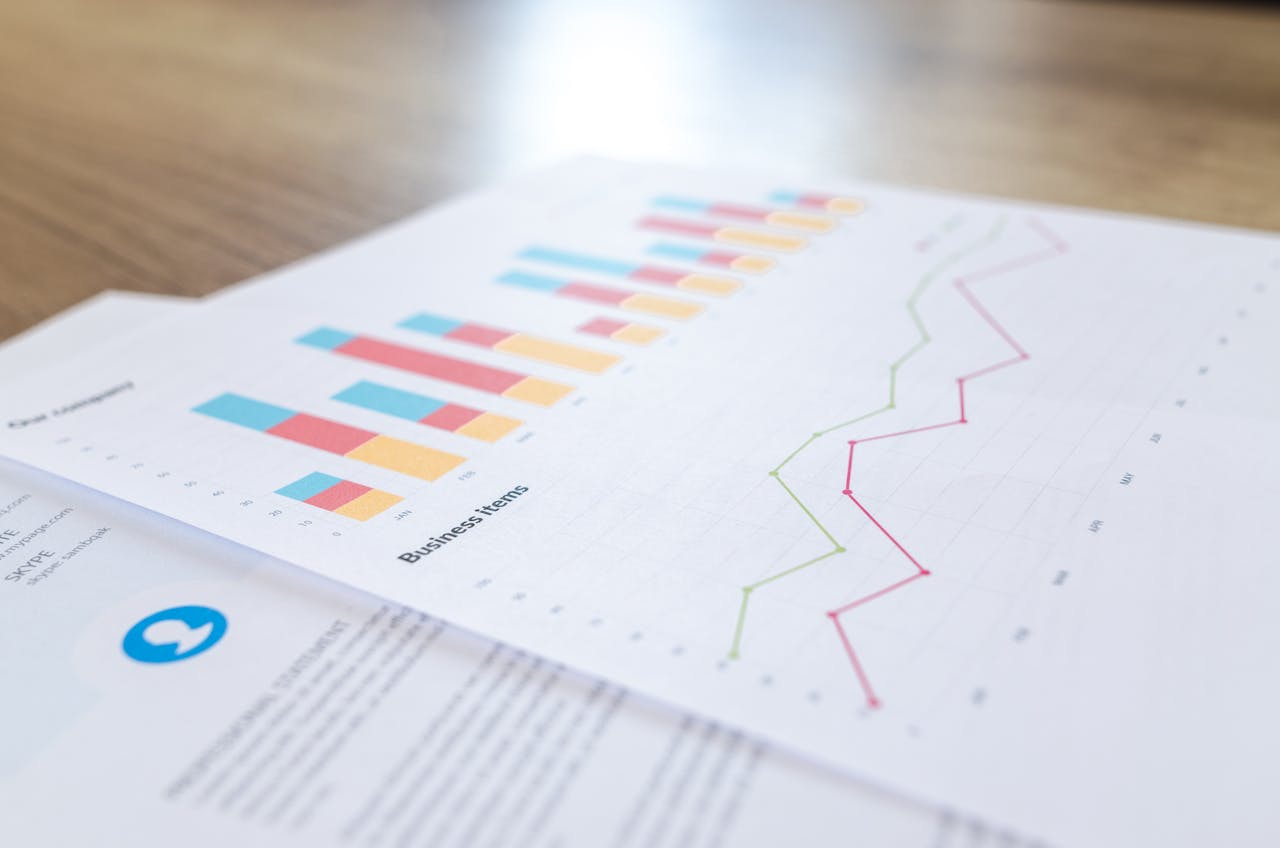 digital A close-up view of a business document with charts and graphs on a wooden desk.